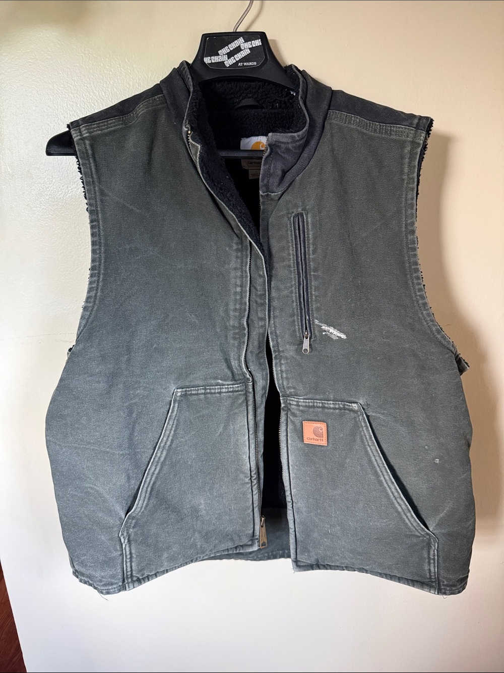 Carhartt Vintage Green Canvas Insulated Vest with Sherpa Lining